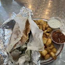 Mediterranean Grill - gyro sandwich with greek potatoes