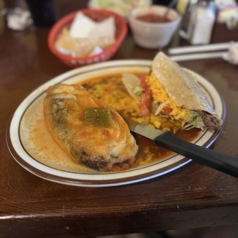 Mitla Cafe - number 6: chile relleno, cheese enchilada, shredded beef taco - Mexican Near Me - San Bernardino, California