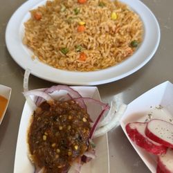 Don Angel Taqueria - Salsa bar veggies and Spanish rice