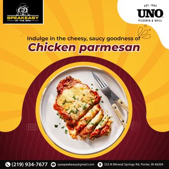 Speakeasy at the Spa - Get ready to dive into the cheesy, saucy goodness of chicken parmesan. Order online now at #SpeakeasyattheSpa and satisfy your cravings! - Piano Bars Near Me - Porter, Indiana