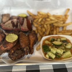 Lil Piece - Two piece meat platter: brisket, wings, fries, cucumber salad