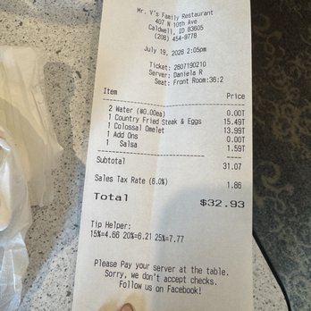 Mr V's Family Restaurant - Our bill was pretty reasonable:/) - Diners Near Me - Caldwell, Idaho Mr V's Family Restaurant - Our bill was pretty reasonable:/) - Diners Near Me - Caldwell, Idaho