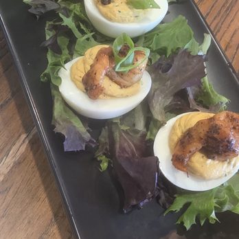 Corah's Corner - deviled eggs (deviled egg, shrimp, pickled onion) - Seafood Near Me - Saint Michaels, Maryland Corah's Corner - deviled eggs (deviled egg, shrimp, pickled onion) - Seafood Near Me - Saint Michaels, Maryland