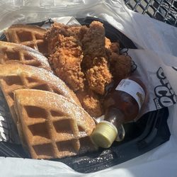 Chicken and waffles box with syrup