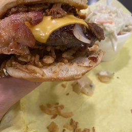 Brisket burger (with bacon & blue cheese) & cole slaw Brisket burger (with bacon & blue cheese) & cole slaw