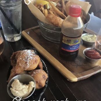 The General Public - Maple butter crab stuffed hush puppies and fish and chips basket. - New American Near Me - San Antonio, Texas The General Public - Maple butter crab stuffed hush puppies and fish and chips basket. - New American Near Me - San Antonio, Texas