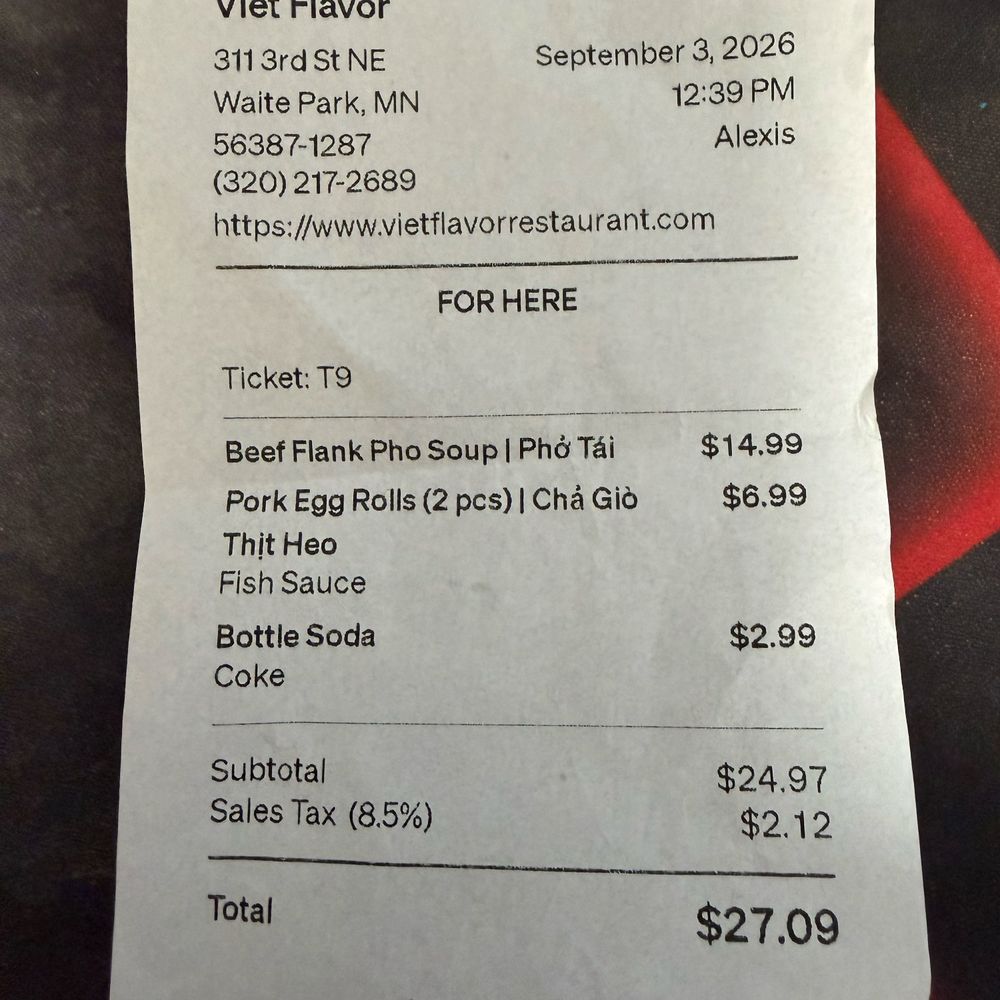 Viet Flavor - Receipt - Vietnamese Near Me - Waite Park, Minnesota