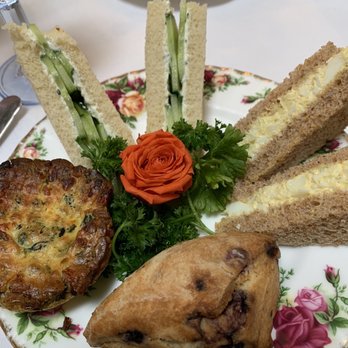 Lisa's Tea Treasures - Spinanch quiche, Egg Salad Sandwich, Cucumber Mint Cream Cheese Sandwich, & Blueberry Scone was warm and tasty. - Tea Rooms Near Me - Los Altos, California