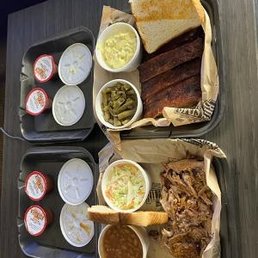 Pulled Pork Dinner with Baked Beans and Coleslaw; Rib Dinner with Green Beans and Potato Salad
