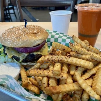 Mediterranean Aroma - Lamb & Beef Burger with fries and carrot juice - Halal Near Me - San Francisco, California Mediterranean Aroma - Lamb & Beef Burger with fries and carrot juice - Halal Near Me - San Francisco, California