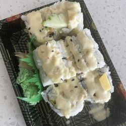 Mikado Poke - Shrimp cucumber mango roll with spicy mango sauce.