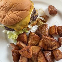 Smash burgers substituting roasted potatoes for French fries.
