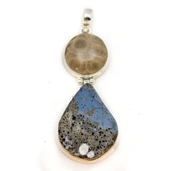 Gold Mine Jewelry & Custom Designs - Petoskey stone and Leland Blue Slag Glass pendant bezel set in sterling silver. Michigan Signature on reverse side.