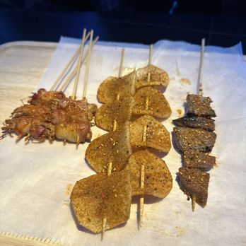 Xinjiang BBQ - Enoki Mushroom with Bacon, Potato Skins, Beef Tongue - Asian Fusion Near Me - San Diego, California Xinjiang BBQ - Enoki Mushroom with Bacon, Potato Skins, Beef Tongue - Asian Fusion Near Me - San Diego, California