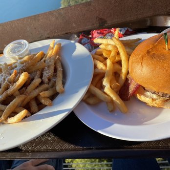 Oasis Texas Brewing - Burger and Truffle Fries - Breweries Near Me - Austin, Texas Oasis Texas Brewing - Burger and Truffle Fries - Breweries Near Me - Austin, Texas
