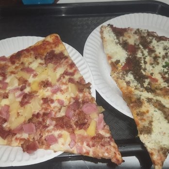 Crown Pizza - Hawaiian slice on the left, horrible, stinky, inedible lasagna slice on right. I wish I could have had it scientifically analyzed. - Salad Near Me - Trumbull, Connecticut