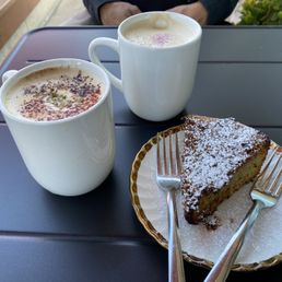 Yummy Gluten Free Lemon Cake with Pistachio chocolate coffee and lavender coffee!