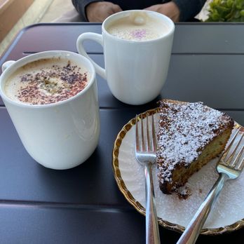 French Corner - Yummy Gluten Free Lemon Cake with Pistachio chocolate coffee and lavender coffee! - Bakeries Near Me - Encinitas, California