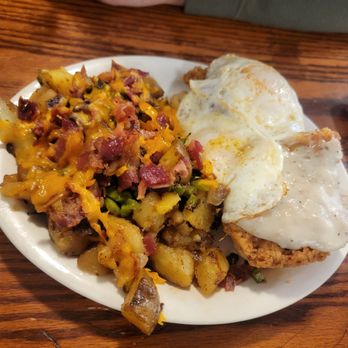 Marie's Diner - Chicken fried biscuit (pictured on their menu) with loaded brunch potatoes - Breakfast & Brunch Near Me - La Plata, Maryland