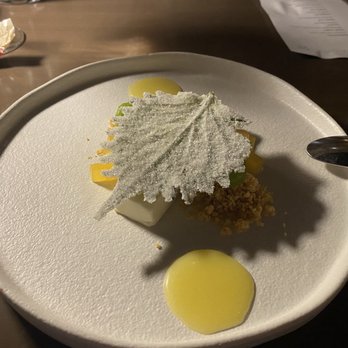 Aiko - Not sure was this dessert is called but essentially a deconstructed key lime pie with some candied mangos and a preserved shiso leaf on top - Japanese Near Me - Houston, Texas Aiko - Not sure was this dessert is called but essentially a deconstructed key lime pie with some candied mangos and a preserved shiso leaf on top - Japanese Near Me - Houston, Texas