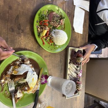 Guieb Cafe - Mauka Makai Moco,  Grilled Mahi and Eggs, special (Dubai) Ube Mascarpone Pancake - New American Near Me - Aiea, Hawaii