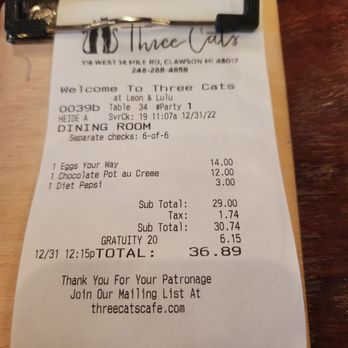 Three Cats - My bill - New American Near Me - Clawson, Michigan