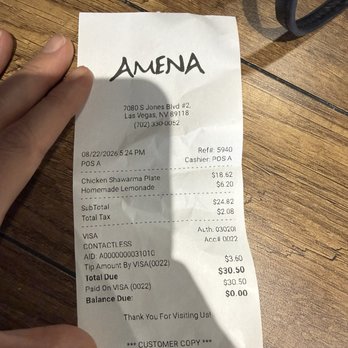 Amena Cafe - The prices are higher if you're paying with card - Mediterranean Near Me - Las Vegas, Nevada