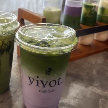 Vivot Craft Cafe - Blueberry matcha, matcha manic on the left, matcha flight in the background - Bubble Tea Near Me - Fullerton, California Vivot Craft Cafe - Blueberry matcha, matcha manic on the left, matcha flight in the background - Bubble Tea Near Me - Fullerton, California