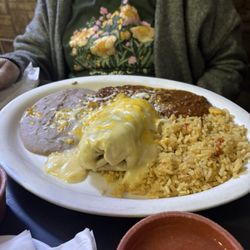 Bravo's Mexican Grill - Cheese enchilada, steak chimichanga, rice and beans