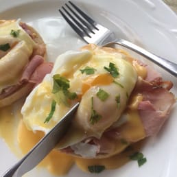 Eggs Benedict!! Poached to perfection and oozing out as I cut them!