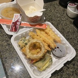 Mixed tempura, miso soup, salad and rice. Mixed tempura, miso soup, salad and rice.