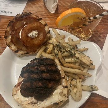Bourbon - Uncle Nearest with Lamb Burger - Bourbon Batter Onion Rings, Honey-Thyme Goat Cheese, Smoked Tomato Jam, Brioche Bun, With Side Of Fries - Cajun/Creole Near Me - Columbia, South Carolina Bourbon - Uncle Nearest with Lamb Burger - Bourbon Batter Onion Rings, Honey-Thyme Goat Cheese, Smoked Tomato Jam, Brioche Bun, With Side Of Fries - Cajun/Creole Near Me - Columbia, South Carolina
