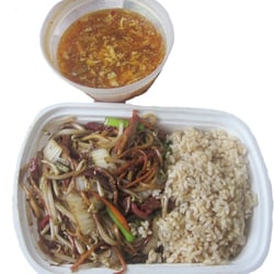 New Kong Chow Fusion - Luncheon Special 17: Pork LoMein with Brown Rice and Hot & Sour Soup
