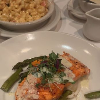 Morton's The Steakhouse - Honey-Chili Glazed Salmon Fillet with Vegetable Relish, Lobster Mac, mashed potatoes, 6 oz. Filet Mignon - Steakhouses Near Me - Troy, Michigan