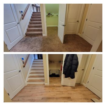 Honey Done Handyman Services - Removed carpet and replaced it with LVP on the floor and solid oak treads on the steps. - Handyman Near Me Honey Done Handyman Services - Removed carpet and replaced it with LVP on the floor and solid oak treads on the steps. - Handyman Near Me