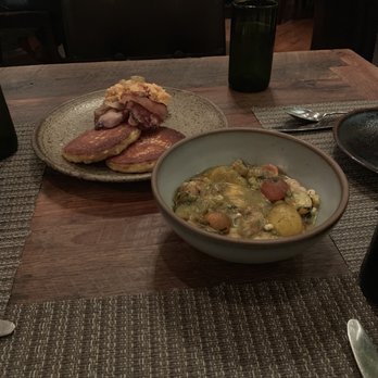 Husk - Front: Shrimp and Grits Back: Sweeter Days Summer Squash Johnny Cake, Pimento Cheese, Serrano, City Ham - Southern Near Me - Nashville, Tennessee