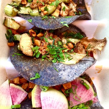 Tacoparty - Taco Party vegan tacos- l2 Cauli veggie hazelnut tacos with green mole. Bottom is Yams cooked in chili sauce. Party in mouth:) - Tacos Near Me - Grand Junction, Colorado