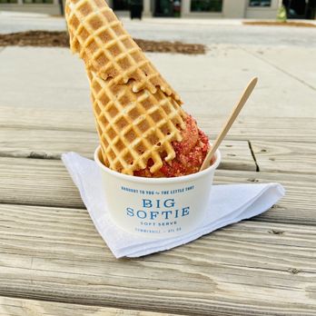 Big Softie - Vanilla ice cream with dulchey hard shell and pink praline topping in a waffle cone - Ice Cream & Frozen Yogurt Near Me - Atlanta, Georgia