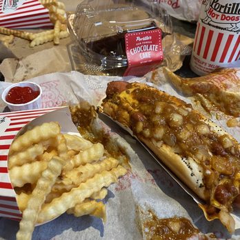 Portillo's Ft. Wayne - Chili Cheese Dog, Fries, Chocolate Cake Slice - Hot Dogs Near Me - Fort Wayne, Indiana