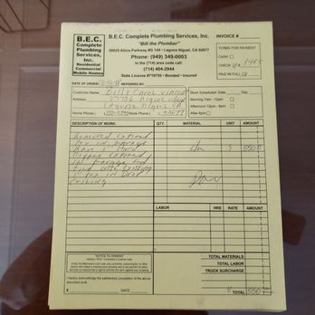 Leak Detection Specialists - This is the invoice for the change out of PECS to Copper in the garage. - Plumbing Near Me - Mission Viejo, California Leak Detection Specialists - This is the invoice for the change out of PECS to Copper in the garage. - Plumbing Near Me - Mission Viejo, California