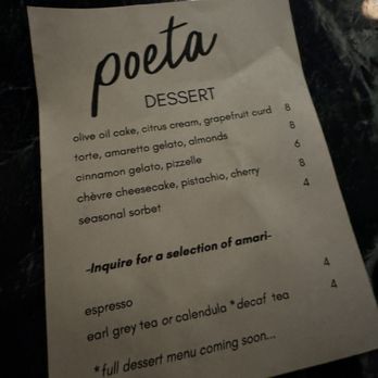Poeta - Dessert menu 2/1/24 - Italian Near Me - Austin, Texas Poeta - Dessert menu 2/1/24 - Italian Near Me - Austin, Texas