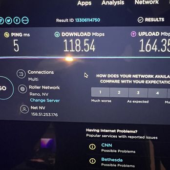 Net NV - while not bi-direction fiber, speeds are more than acceptable - The image features a computer screen displaying internet speed test results, including a download speed of 118.54 Mbps, an upload speed of 164.35 Mbps, and a ping of 5 milliseconds. The interface shows options for connections, including multi and roller network, with location set to Reno, NV. Additional information includes the server IP address and options to change the server. The screen also provides a section for reporting internet issues with services like CNN and Bethesda. - Internet Service Providers Near Me - Reno, Nevada