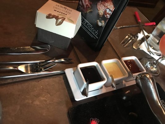 Photo of The Melting Pot - Arlington, VA, US. Dipping sauces (teriyaki, curry, plum)