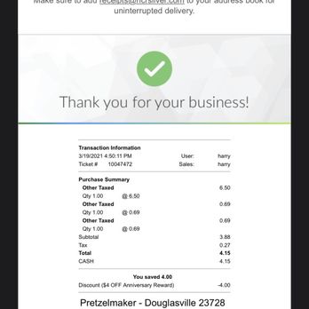 Pretzelmaker - a screenshot of a business receipt - Pretzels Near Me - Douglasville, Georgia Pretzelmaker - a screenshot of a business receipt - Pretzels Near Me - Douglasville, Georgia