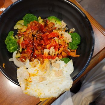 Bulgogi Korean BBQ - Low Carb Two Meat Bowl: Spicy pork & egg(runny in center), broccoli, cabbage, onion, carrots, squash. W/spicy bollggogi sauce. - Korean Near Me - Conway, Arkansas Bulgogi Korean BBQ - Low Carb Two Meat Bowl: Spicy pork & egg(runny in center), broccoli, cabbage, onion, carrots, squash. W/spicy bollggogi sauce. - Korean Near Me - Conway, Arkansas