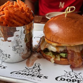 Cooper’s Tavern - Hawaiian burger and sweet potato waffle fries. - Burgers Near Me - Little River, South Carolina