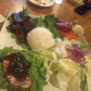 CreAsian - Dinner plate (with three options: teriyaki salmon, Korean BBQ, six pieces of Sashimi, salad, and white rice) - Japanese Near Me - Morgan Hill, California