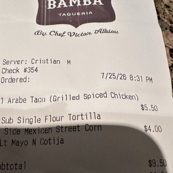 Taco Bamba - Receipt - Tacos Near Me - Arlington, Virginia Taco Bamba - Receipt - Tacos Near Me - Arlington, Virginia