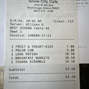 Snow City Cafe - Receipt - Breakfast & Brunch Near Me - Anchorage, Alaska