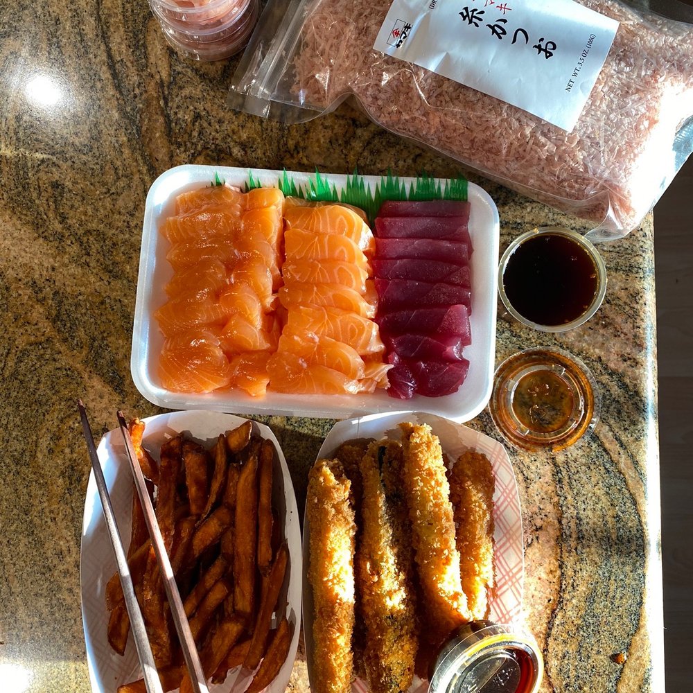 Fish King - Sweet Potato Fries, Fried Zucchini, salmon and tuna sashimi, bonito flakes, ginger - Seafood Markets Near Me - Glendale, California Fish King - Sweet Potato Fries, Fried Zucchini, salmon and tuna sashimi, bonito flakes, ginger - Seafood Markets Near Me - Glendale, California